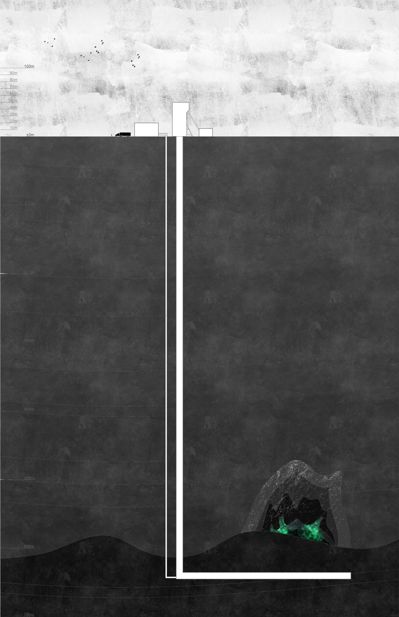 Sectional drawing — underground mining system beneath the surface